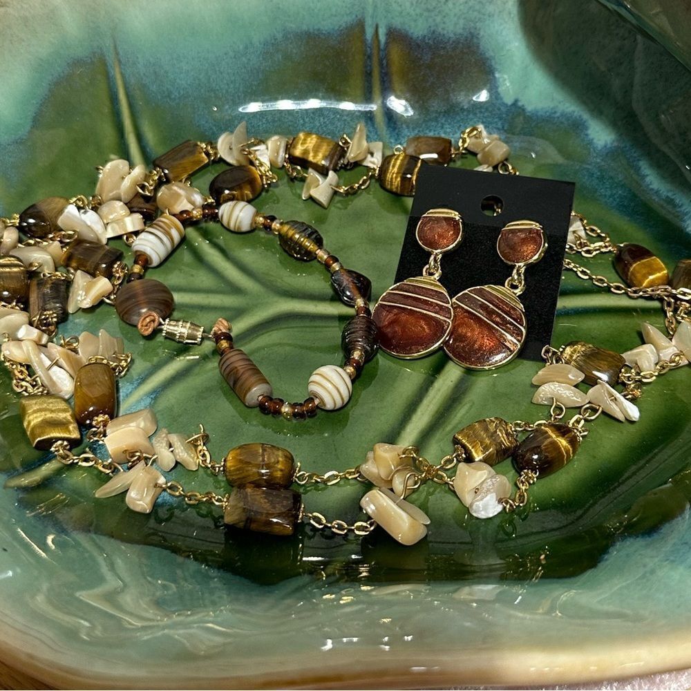 VTG Handcrafted Tiger Eye & Artisan Glass Beaded Necklace + Bracelet +Earrings